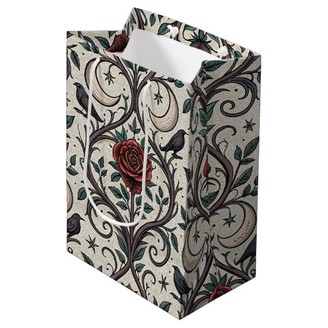 Dunkles Gothic-Rosen-Muster (1) Mittlere Geschenktüte (Vorderseite Schrägansicht)