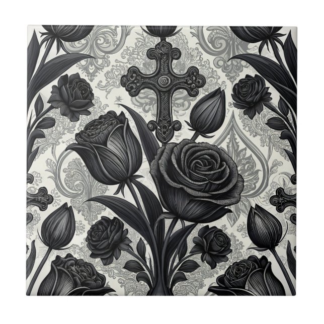 Dunkles Gothic-Rosen-Muster (2) Fliese (Vorderseite)
