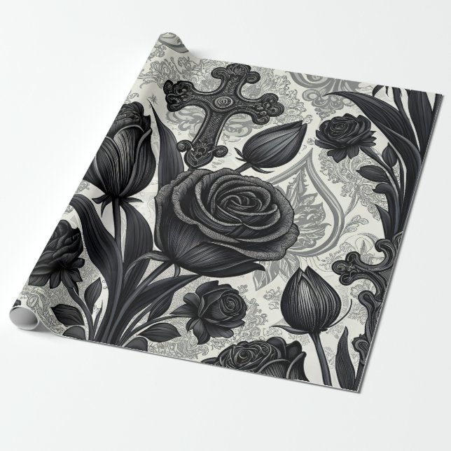 Dunkles Gothic-Rosen-Muster (2) Geschenkpapier (Ungerollt)