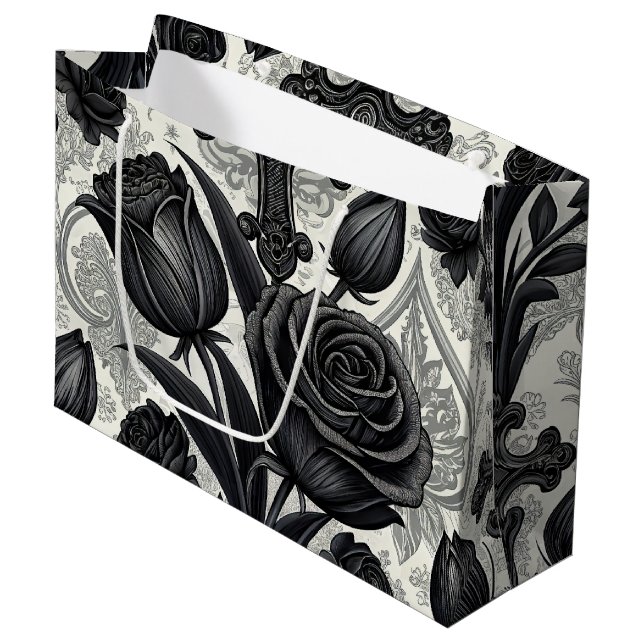 Dunkles Gothic-Rosen-Muster (2) Große Geschenktüte (Vorderseite Schrägansicht)