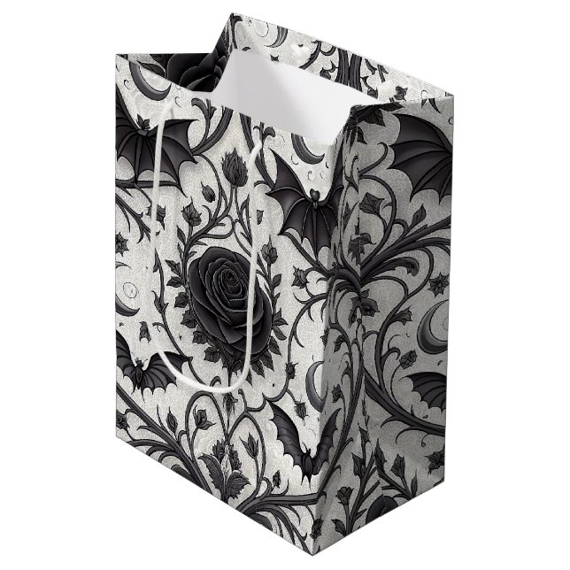Dunkles Gothic-Rosen-Muster (3) Mittlere Geschenktüte (Vorderseite Schrägansicht)