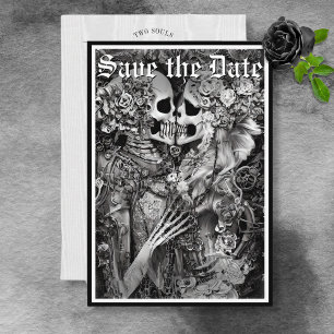 Dunkles Gothic Schwarz-Weiß-Skelett-Paar Save The Date