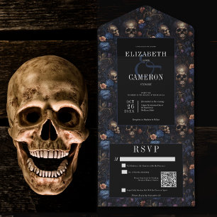 Dunkles Gothic-Vintage-Blaues Blumen- & Totenkopf- All In One Einladung