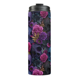 Dunkles gotisches florales Totenkopf-Nahtlosmuster Thermosbecher