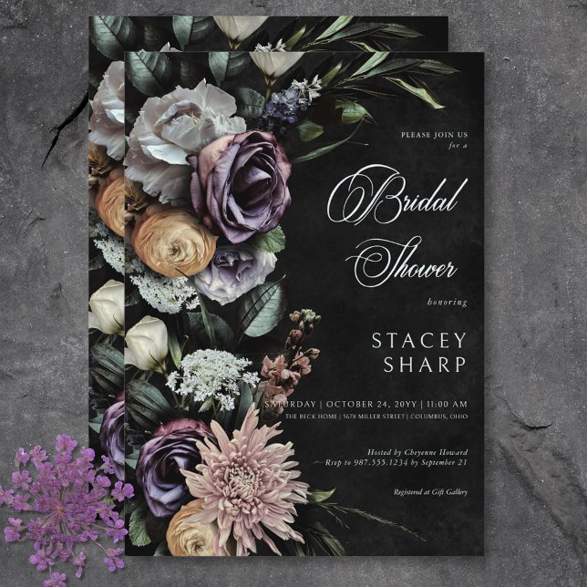 Dunkles Gotisches Mysteriös-Brautparty Einladung (Dark Gothic Mysterious Muted Floral Bridal Shower Invitation)