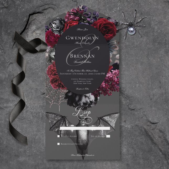 Dunkles Halloween Glam Floral Grau Kein Abendessen All In One Einladung (Dark Halloween Glam Floral Gray No Dinner All In One Invitation)