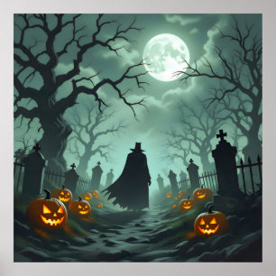 Dunkles Halloween Night Spooky Graveyard Landschaf Poster