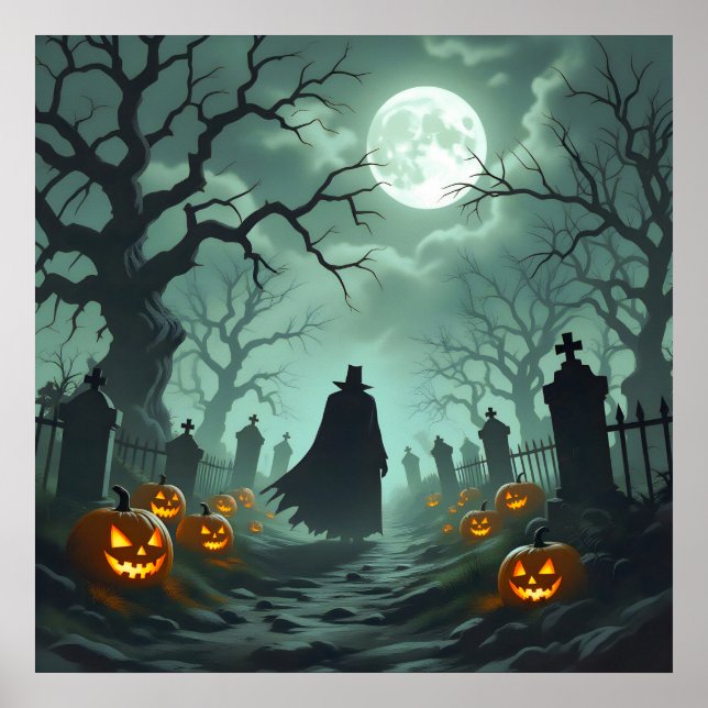 Dunkles Halloween Night Spooky Graveyard Landschaf Poster (Vorne)