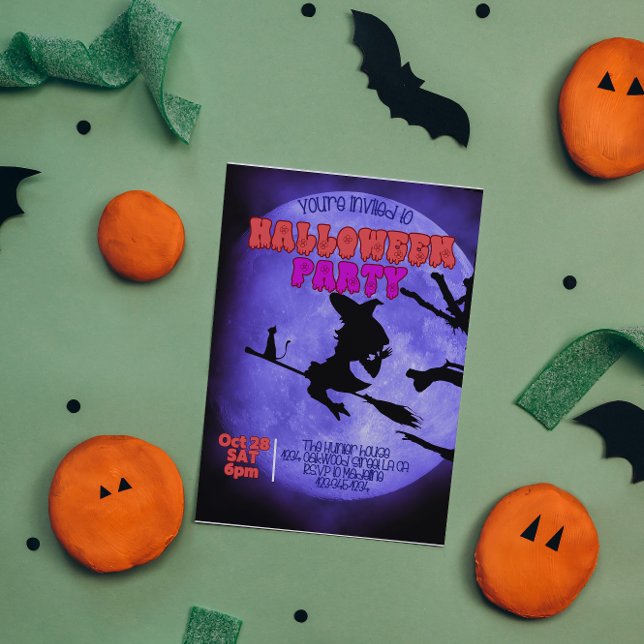 Dunkles Halloween-Party mit niedlicher Katze mit Einladung (Von Creator hochgeladen)