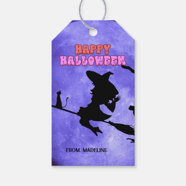 Dunkles Halloween-Party mit niedlicher Katze mit Geschenkanhänger (Vorderseite)