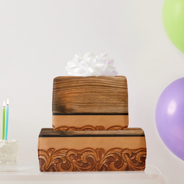 Dunkles Holz geschichteter Leder Western Naturstil Geschenkpapier (Partygeschenke)