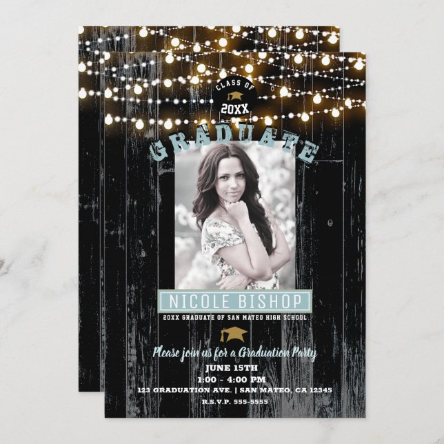 Dunkles Holz & Licht Rustikales Foto Graduierungsp Einladung (Vorne/Hinten)