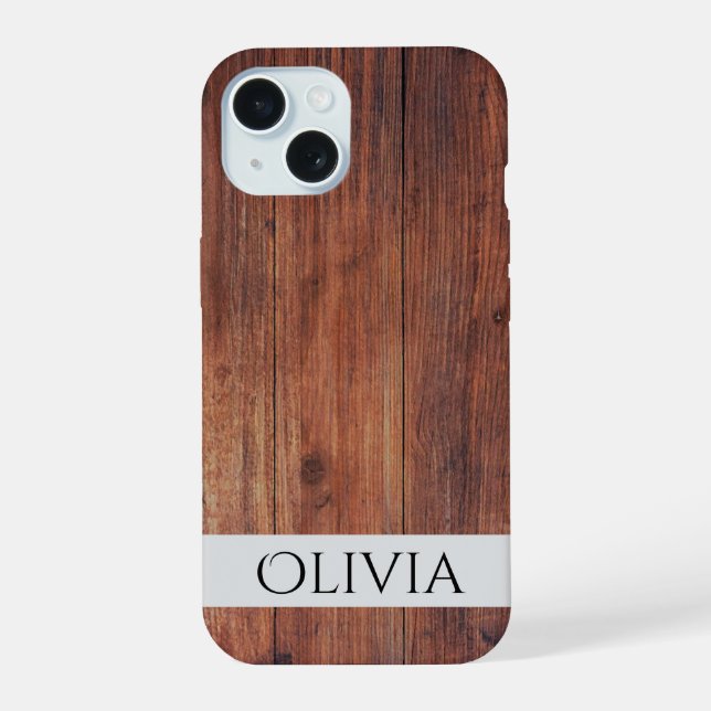dunkles Holz und modernes Personalisiertes  iPhone 15 Hülle (Rückseite)