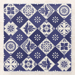 Dunkles Indigo Beige Mexikanisches Florales Vögel Glasuntersetzer