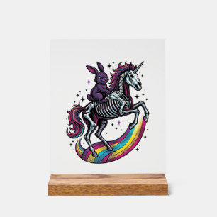 Dunkles Kaninchen, das auf einem Skelett-Einhorn r Acrylschild