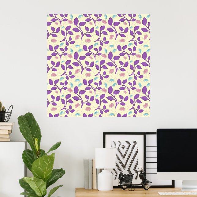 Dunkles Lila Blumenmuster | Ästhetisch Nahtlos Poster (Heimbüro)