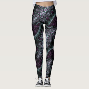 Dunkles lila grünes Boho gewundenes BlumenFraktal Leggings