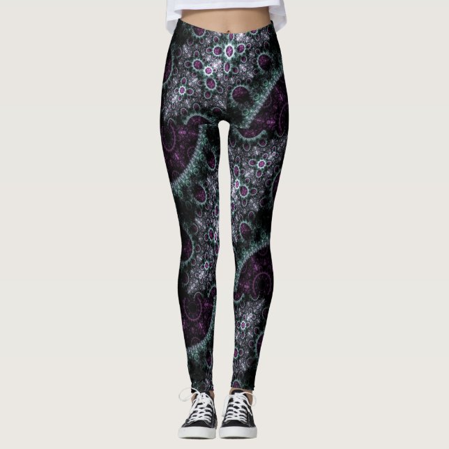 Dunkles lila grünes Boho gewundenes BlumenFraktal Leggings (Vorderseite)