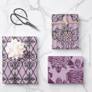 Dunkles Lila und Schwarz Paris Thema Geschenkpapier Set