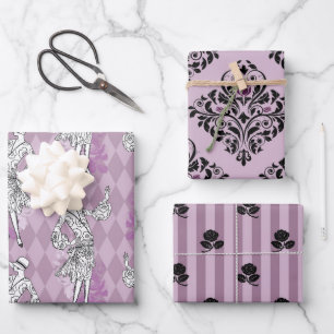 Dunkles Lila und Schwarzes Paris Geschenkpapier Set