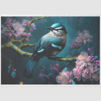 Dunkles Meer Blauer Vogel Chinoiserie Kirschblüten Seidenpapier