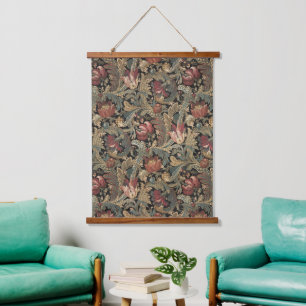 Dunkles, melancholisches, vintage-blumiges botanis wandteppich mit holzrahmen
