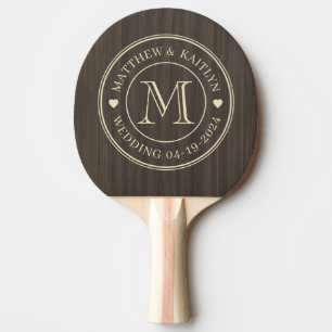 Dunkles modernes Holz Hochzeitsmonogramm Herz Tischtennis Schläger
