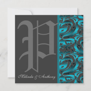 Dunkles Monogramm "P" Aquamarin Damask Einladung