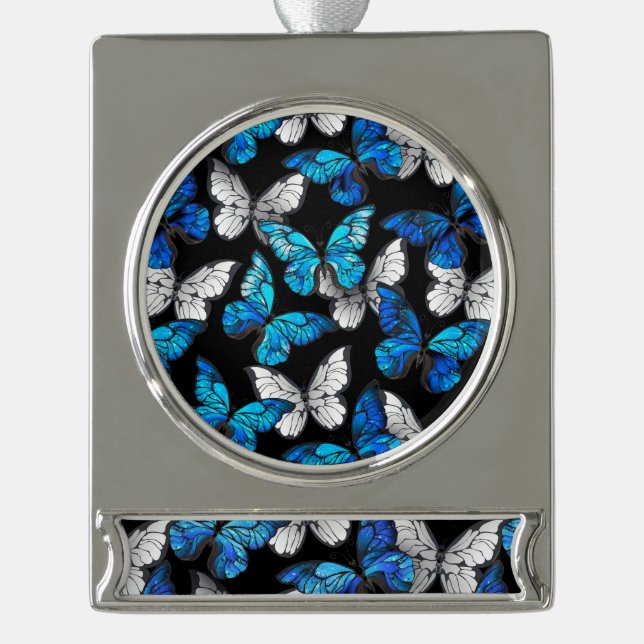 Dunkles Nahtloses Muster mit blauen Schmetterlinge Banner-Ornament Silber (Vorderseite)