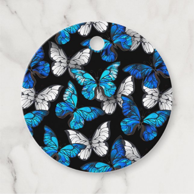 Dunkles Nahtloses Muster mit blauen Schmetterlinge Geschenkanhänger (Vorderseite)