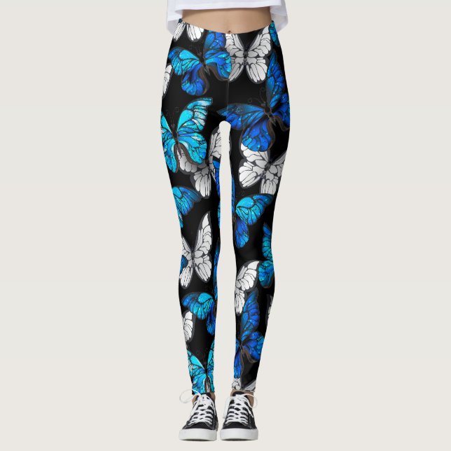 Dunkles Nahtloses Muster mit blauen Schmetterlinge Leggings (Vorderseite)