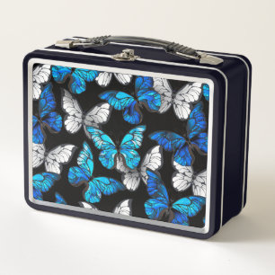 Dunkles Nahtloses Muster mit blauen Schmetterlinge Metall Brotdose