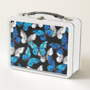 Dunkles Nahtloses Muster mit blauen Schmetterlinge Metall Brotdose
