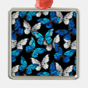 Dunkles Nahtloses Muster mit blauen Schmetterlinge Ornament Aus Metall