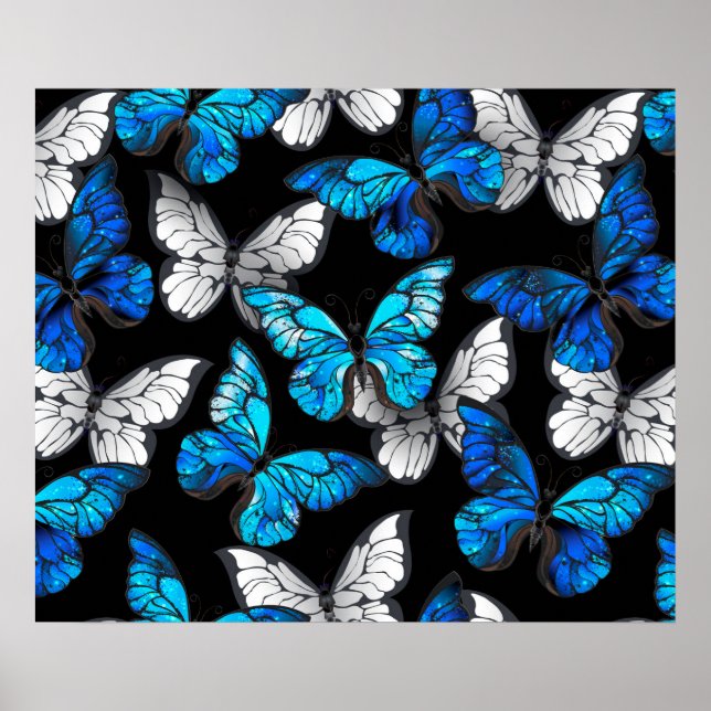 Dunkles Nahtloses Muster mit blauen Schmetterlinge Poster (Vorne)