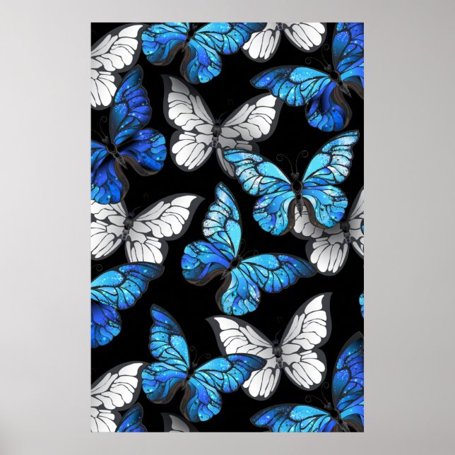 Dunkles Nahtloses Muster mit blauen Schmetterlinge Poster (Vorne)