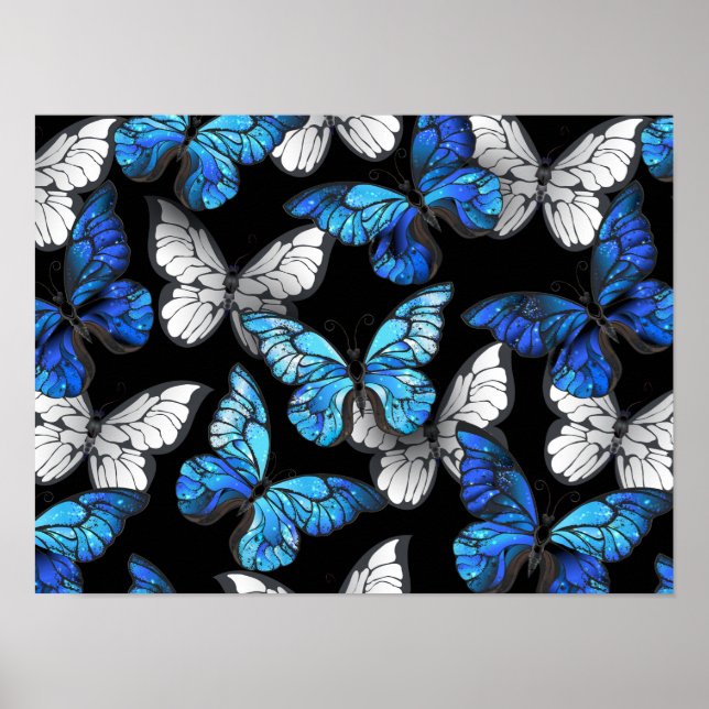 Dunkles Nahtloses Muster mit blauen Schmetterlinge Poster (Vorne)