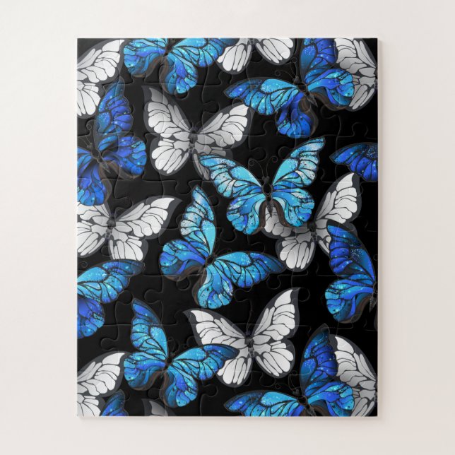 Dunkles Nahtloses Muster mit blauen Schmetterlinge Puzzle (Vertikal)