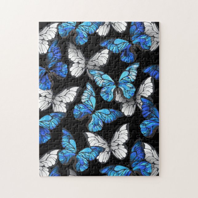 Dunkles Nahtloses Muster mit blauen Schmetterlinge Puzzle (Vertikal)