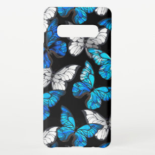 Dunkles Nahtloses Muster mit blauen Schmetterlinge Samsung Galaxy S10+ Hülle