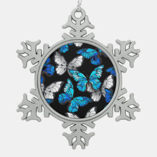 Dunkles Nahtloses Muster mit blauen Schmetterlinge Schneeflocken Zinn-Ornament