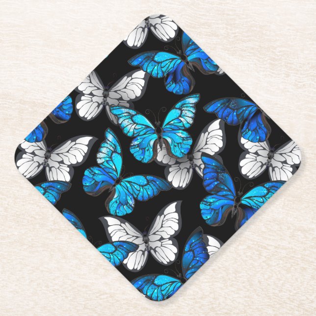 Dunkles Nahtloses Muster mit blauen Schmetterlinge Untersetzer (Vorderseite)