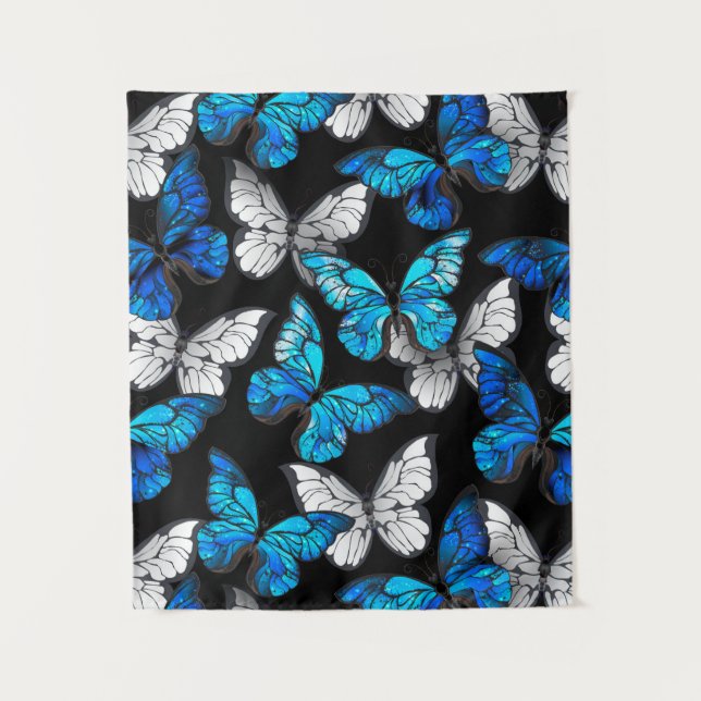 Dunkles Nahtloses Muster mit blauen Schmetterlinge Wandteppich (Vorderseite)