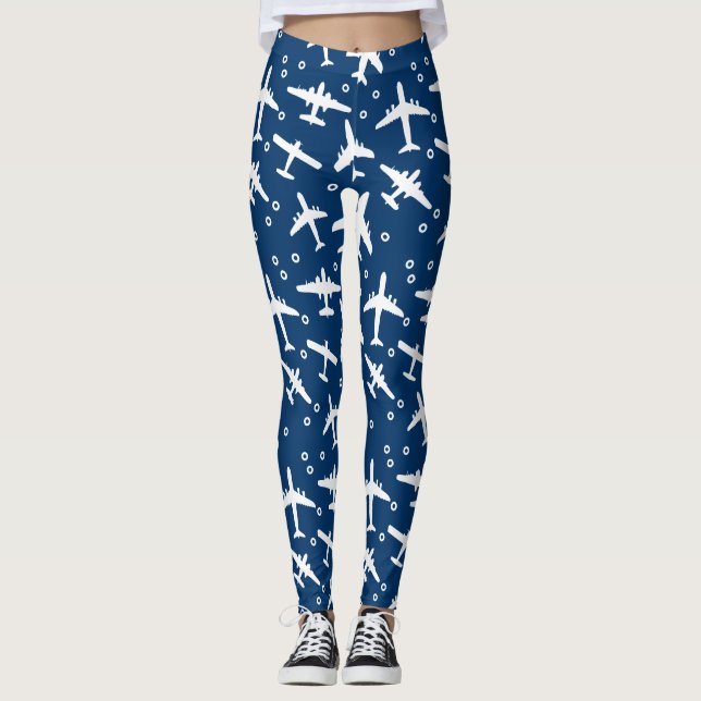 Dunkles Navy Blue and White Aircraft Muster Leggings (Vorderseite)