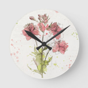 Dunkles rosa mit Blumenspritzen Runde Wanduhr