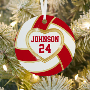 Dunkles Rotes und Weißes Herz mit Gold - Volleybal Ornament Aus Metall