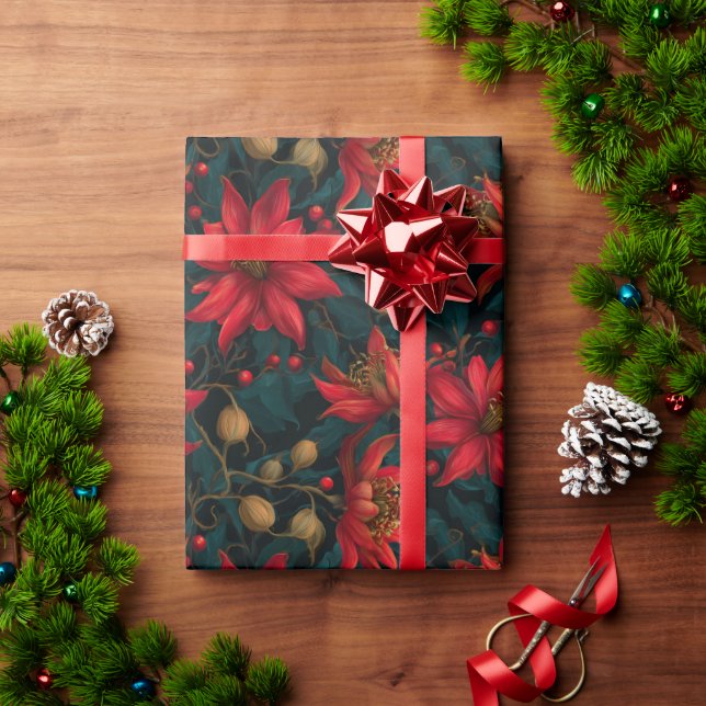 Dunkles rotes Weihnachtsblumenmuster Geschenkpapier (Feiertagsgeschenk)