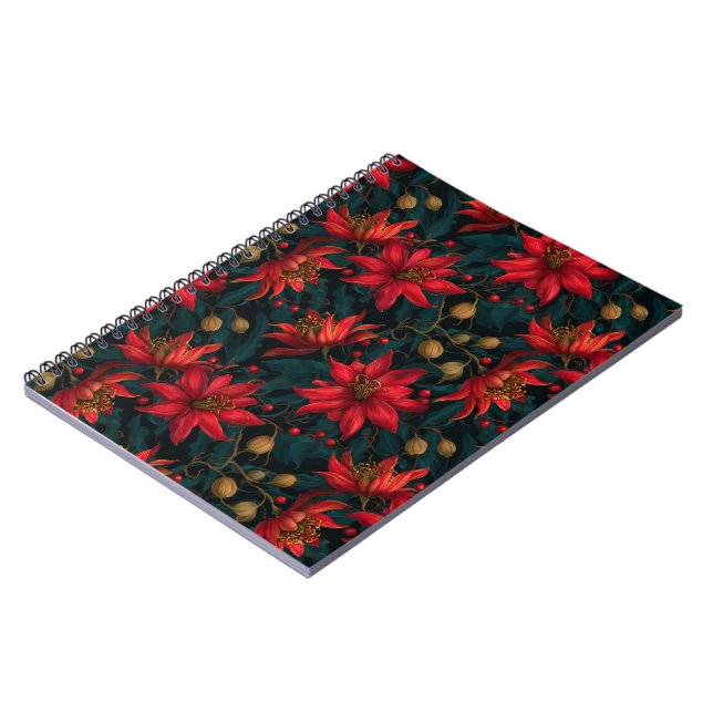 Dunkles rotes Weihnachtsblumenmuster Notizblock (Linke Seite)