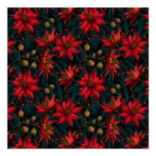 Dunkles rotes Weihnachtsblumenmuster Poster