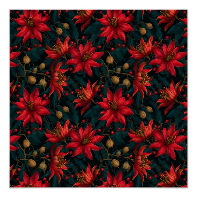 Dunkles rotes Weihnachtsblumenmuster Poster (Vorderseite)